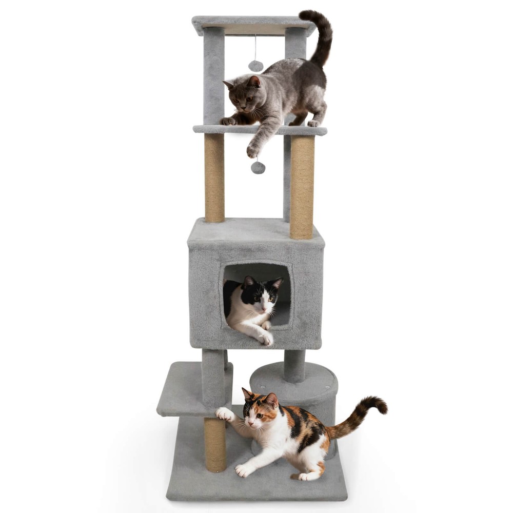 64” Tall Cat Tree with 2 Large Condos, Jute Scratching Posts, Plush Top Perch