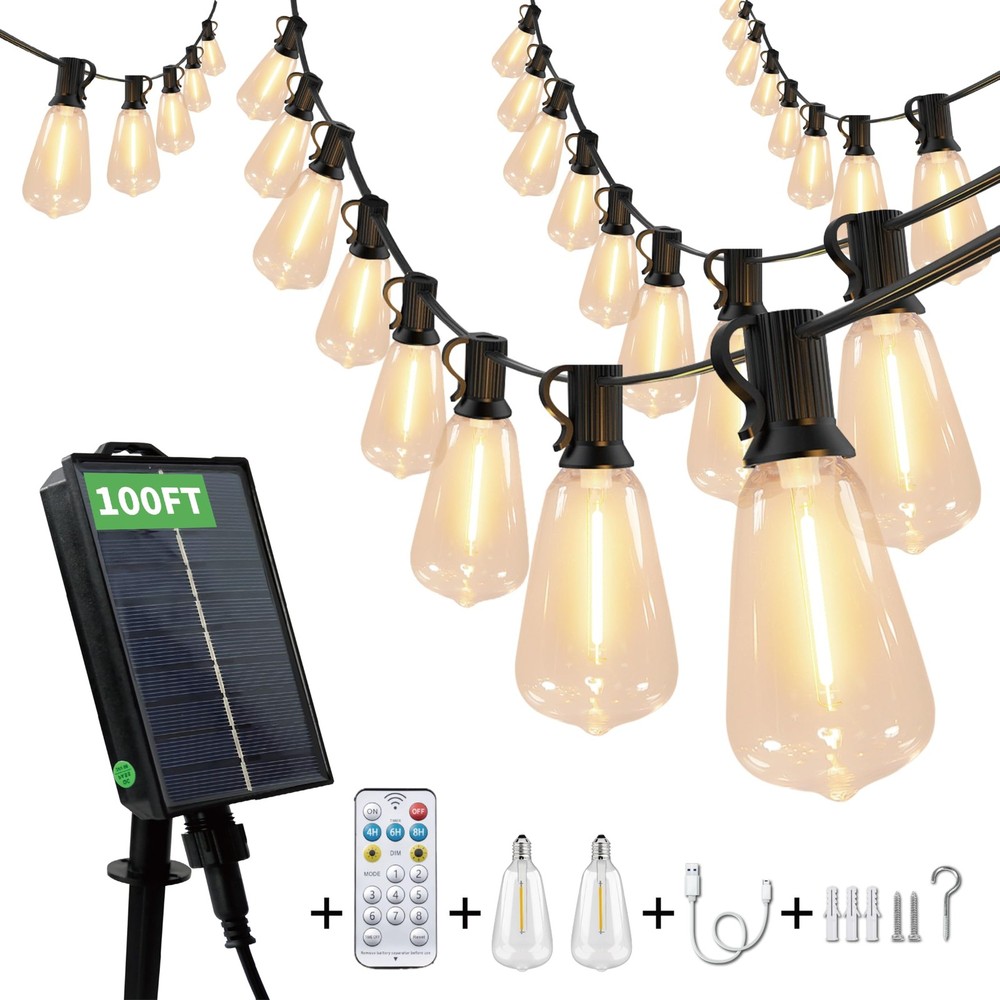 CRLIVOING 100FT Solar String Lights, 52 Edison Bulbs, Remote Control