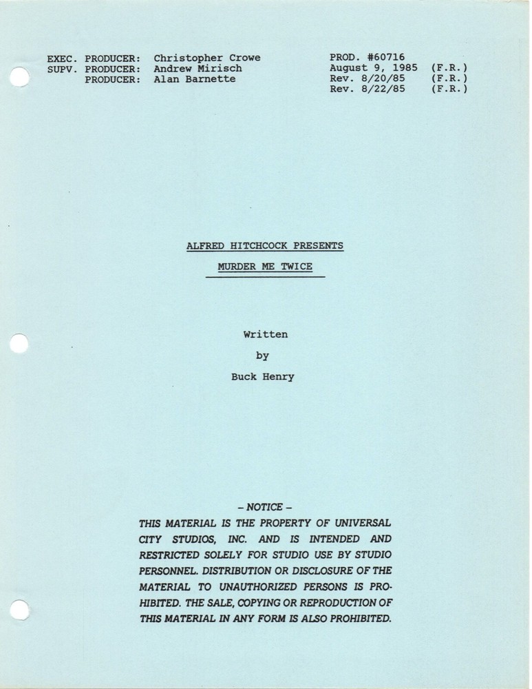 *ALFRED HITCHCOCK PRESENTS - WAKE ME WHEN I'M DEAD (1985) Revised Final Script