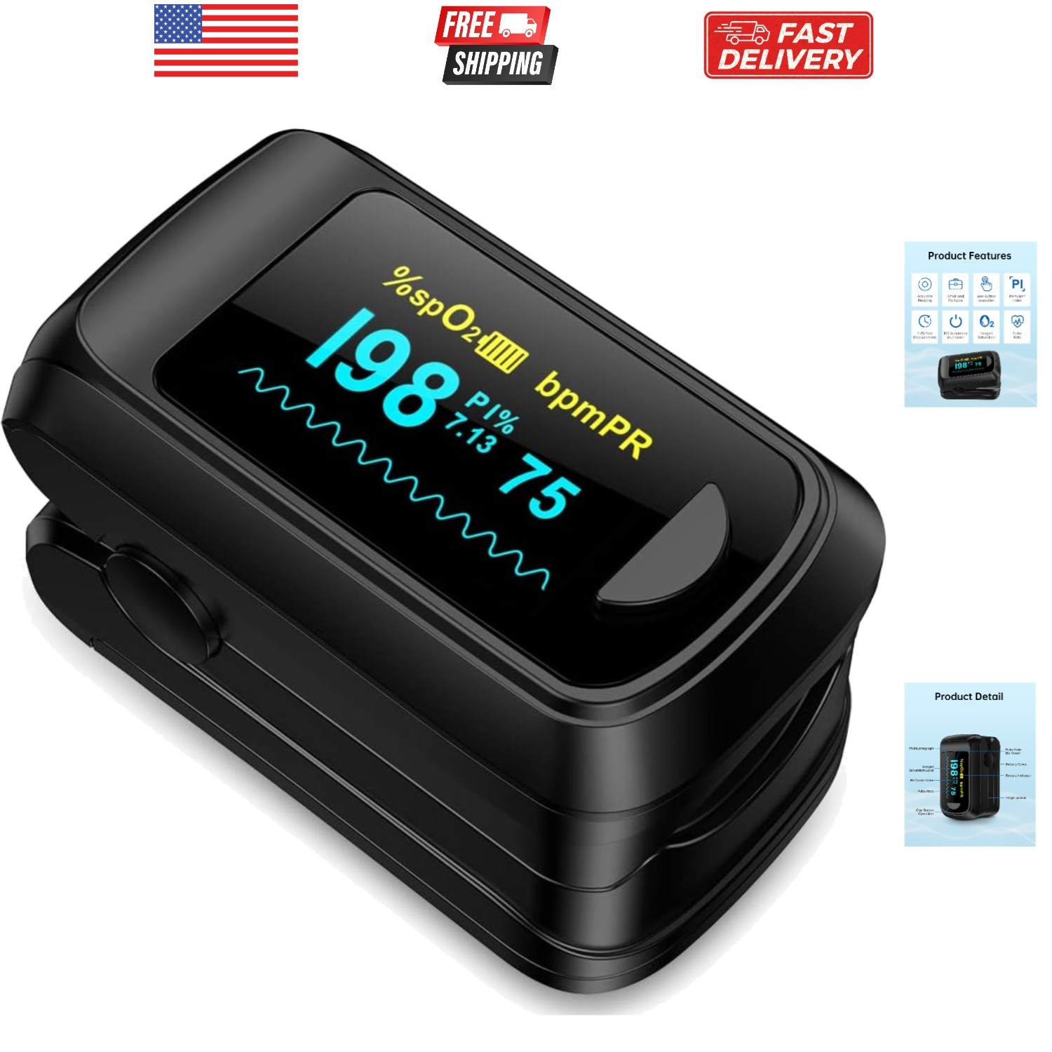 Fingertip Pulse Oximeter Blood Oxygen Monitor Pulse Ox, Heart Rate monitor an...