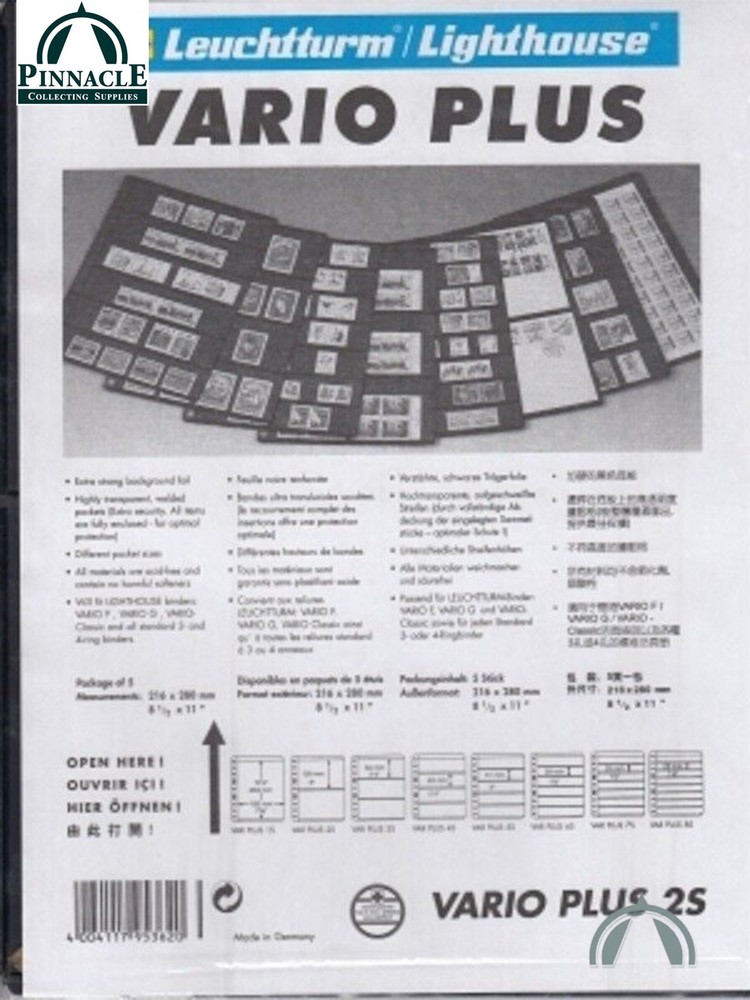 10 VARIO PLUS 2S Pocket Pages for Stamp, Currency & Collecting, Clear & Black