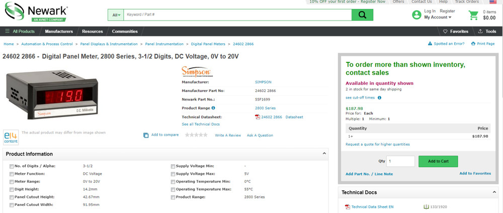 Simpson 2866 DC Voltage Panel Meter, New in Box