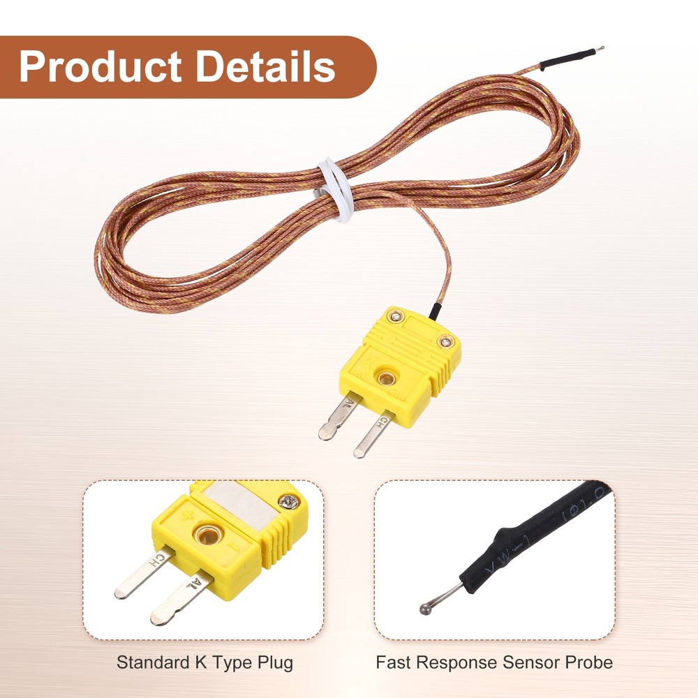 K Type Thermocouple Mini Connector Temperature Sensor 10ft, 1.3mm Wire