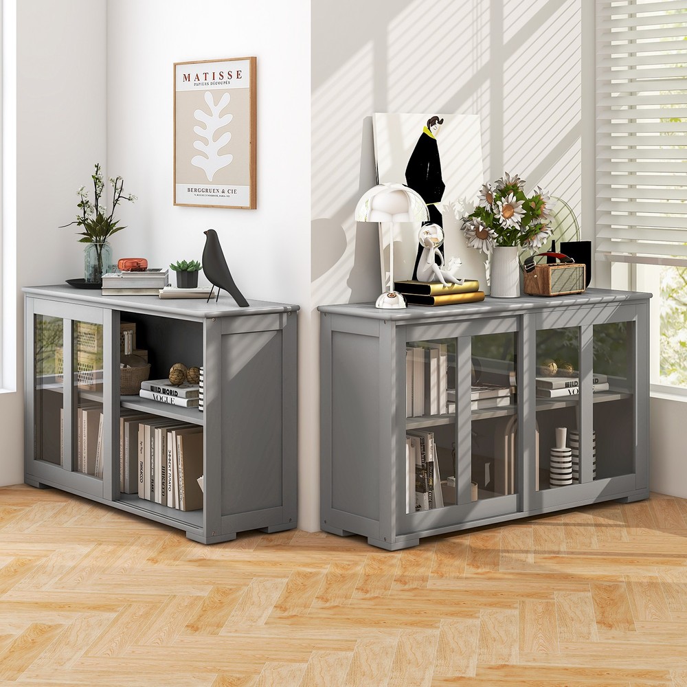2PCS 2-Door Stackable Buffet Sideboard w/ Sliding Tempered Glass Doors Gray