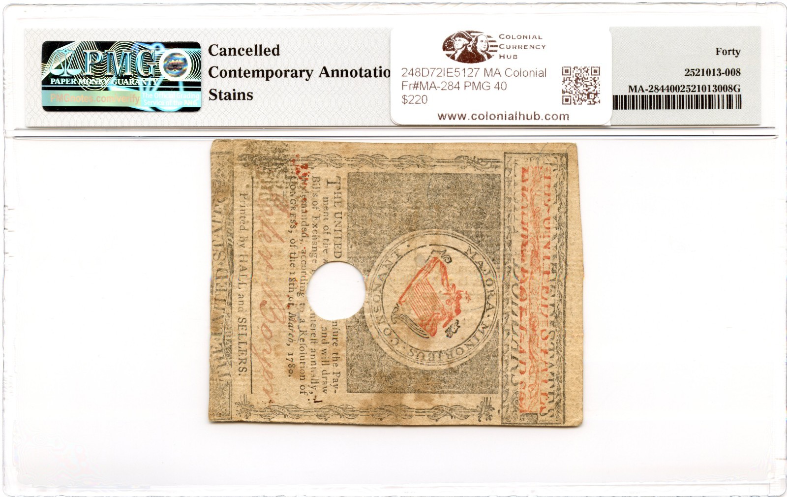 Massachusetts Colonial Note Fr#MA-284 May 5, 1780 $8 PMG XF-40 *Loammi Baldwin*