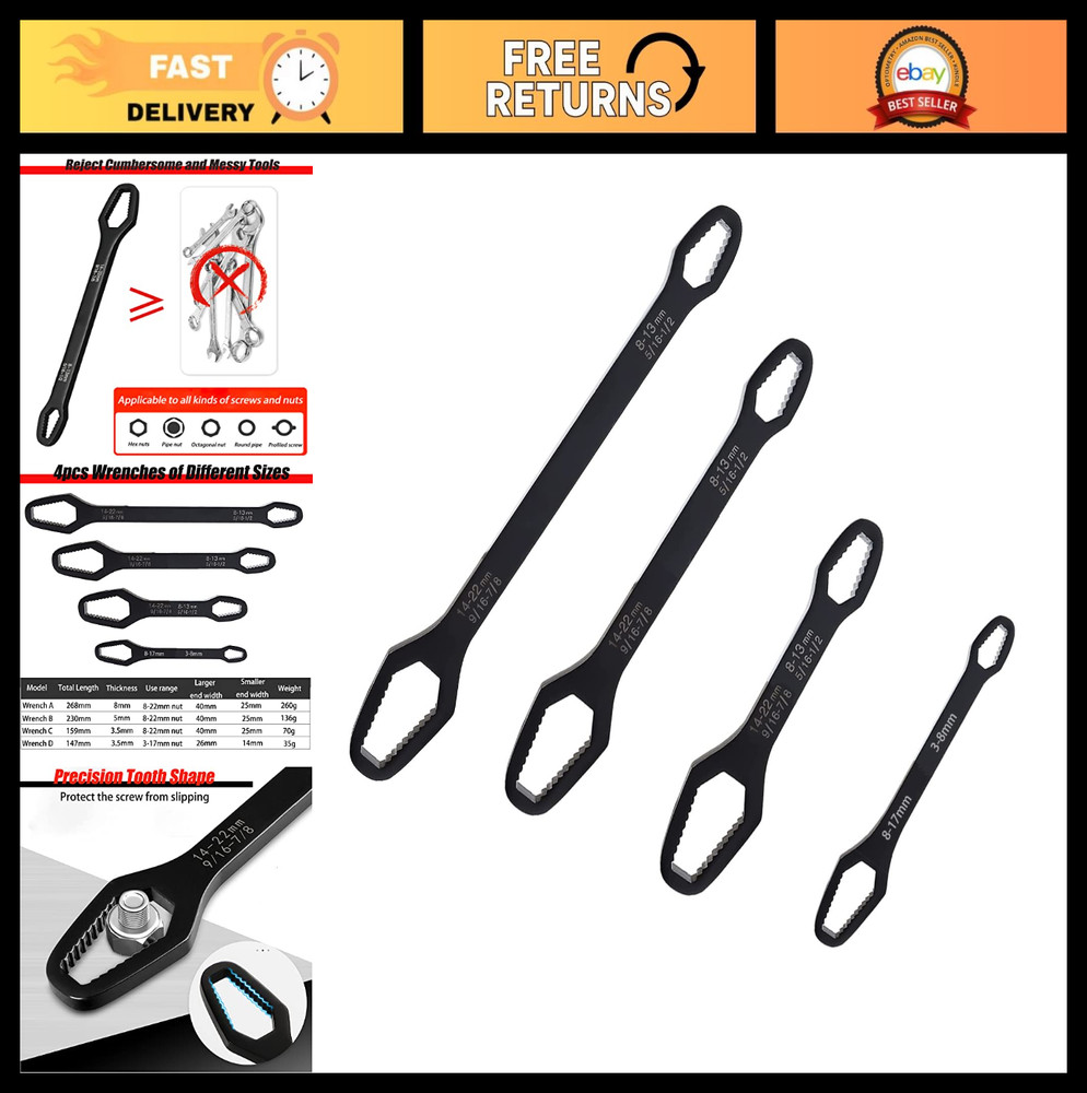 4-Piece Universal Adjustable Wrench Set, Double-Head Torx Spanner Tools 3mm-22mm