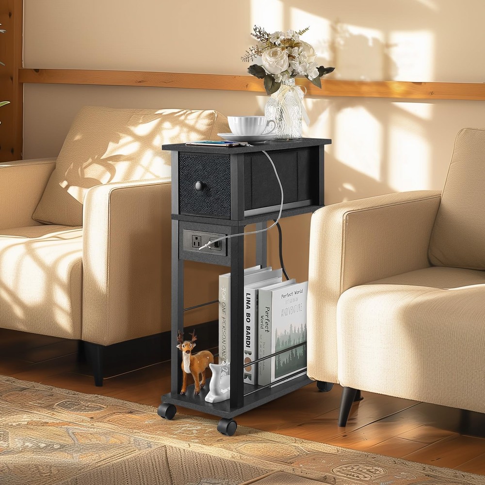 Narrow Side Table (1PC) - Black End Table with Overload Protection, Charging ...