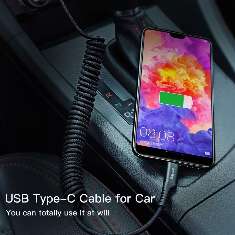 Baseus USB Type C Cable for Car, Retractable Cable(3FT) Curly 3.3ft, Black