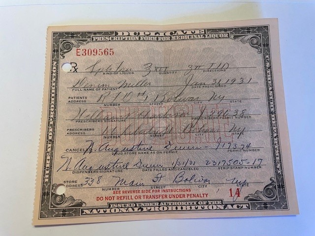 Early 1930's Prohibition Prescription for Medicinal Liquor - Quantity 1