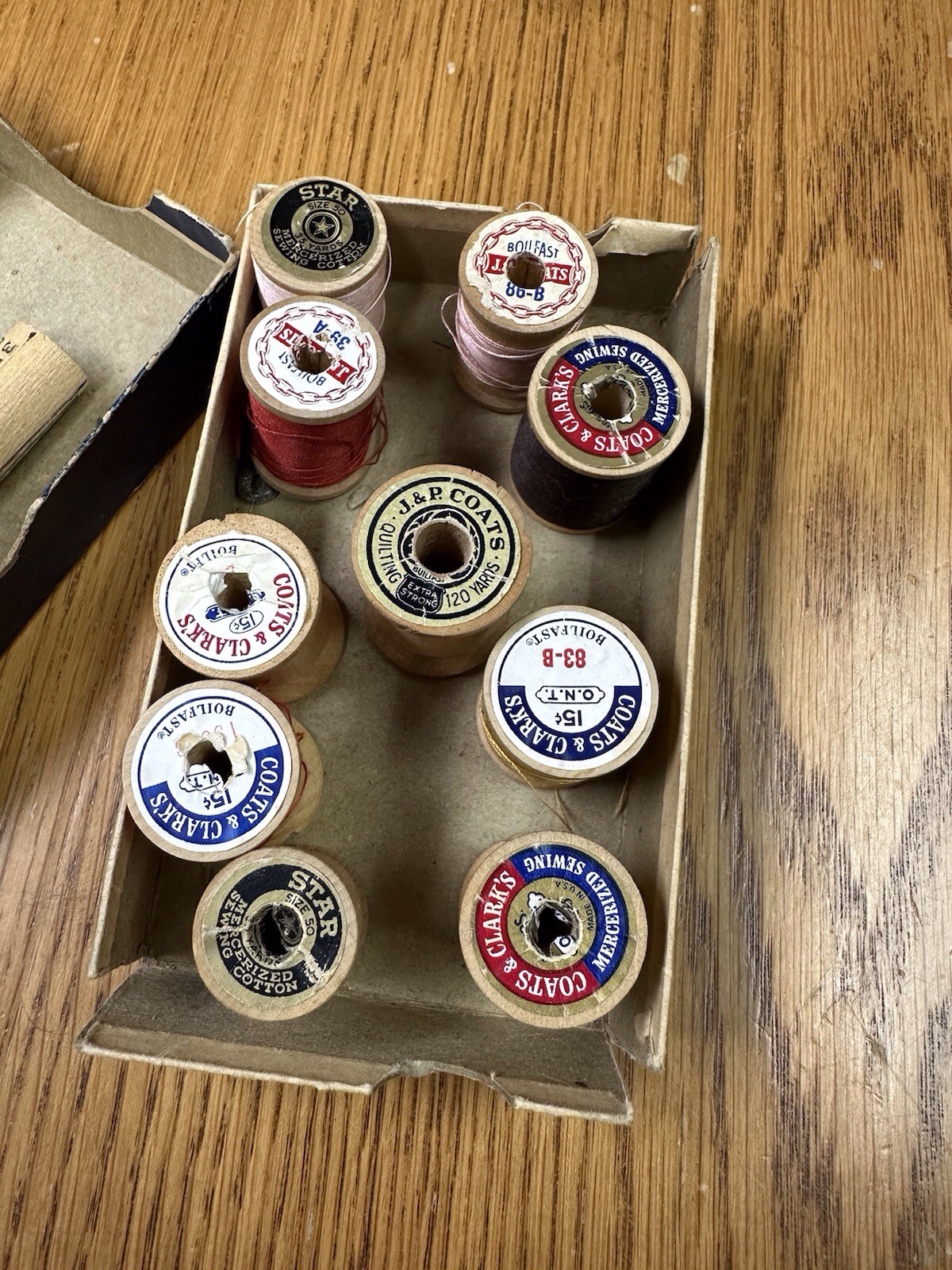 Vintage “Famous Brands” Silk Thread Box with 10 Wooden Spools - Mixed Lot