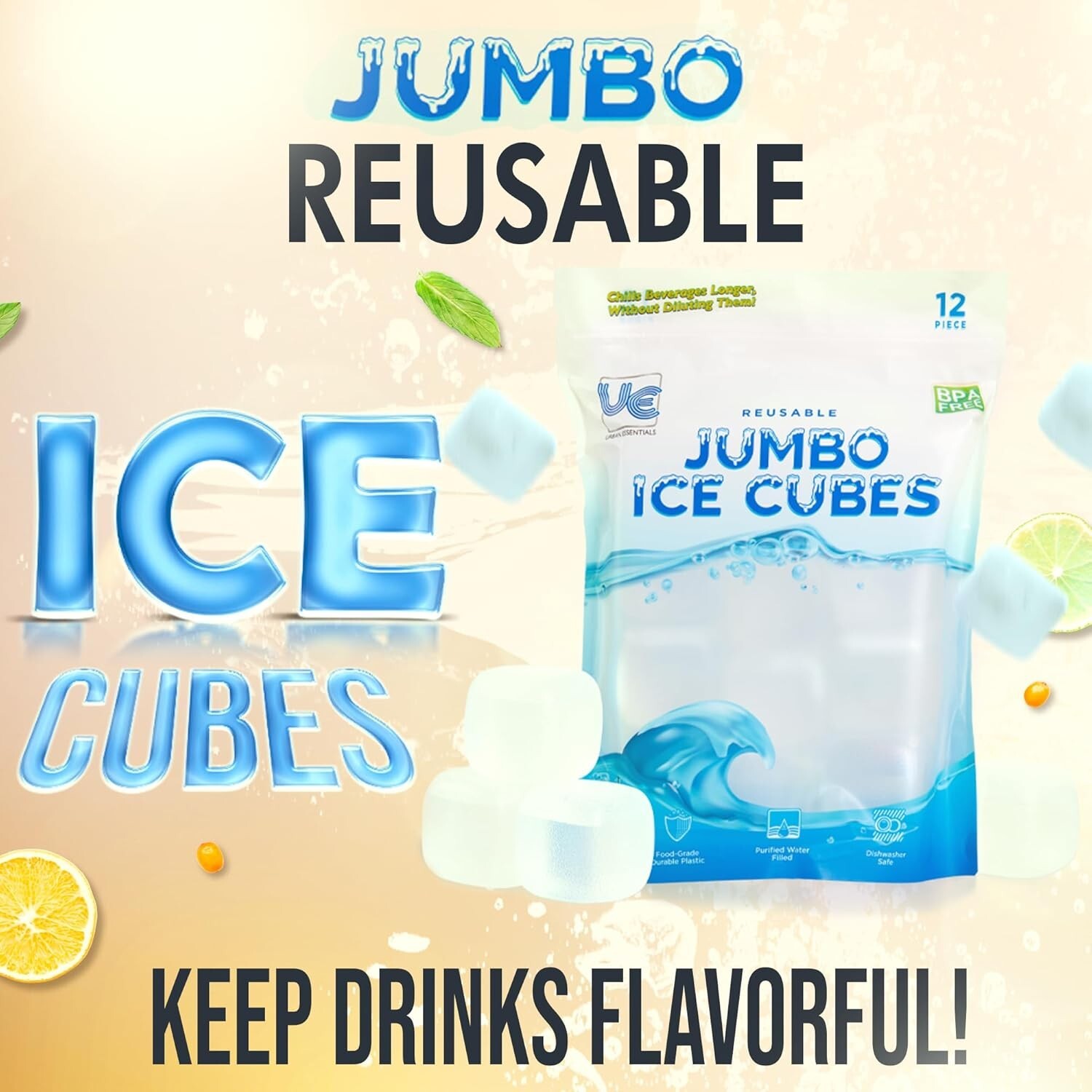 12 Pack JUMBO Reusable Plastic Ice Cubes Quick Freeze Clear 2" Square