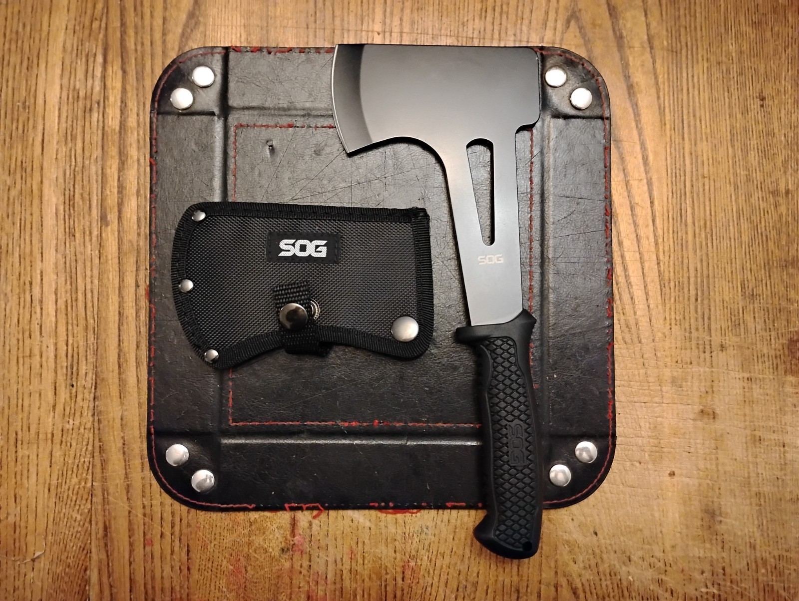 SOG Camp  Axe 2.5" Stainless Steel Cutting Edge Textured Rubber Handle & Sheath