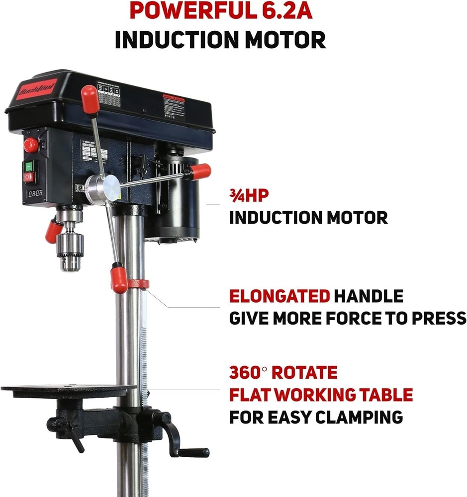 BUCKTOOL 12-Inch 3/4HP Variable Speed Bench Top Drill Press with Laser Guide