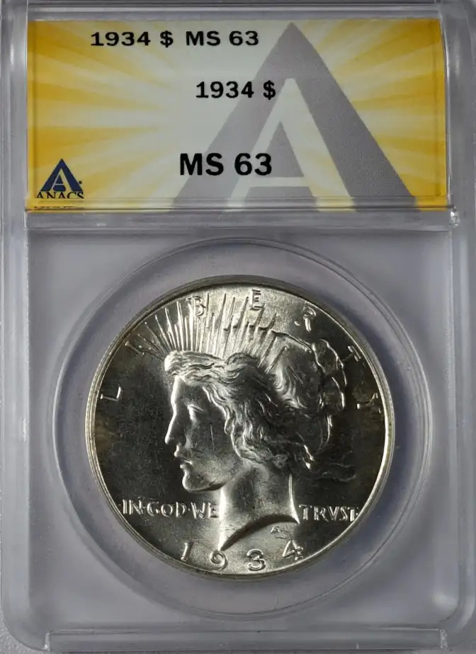 1934 P Peace Silver Dollar ANACS MS-63
