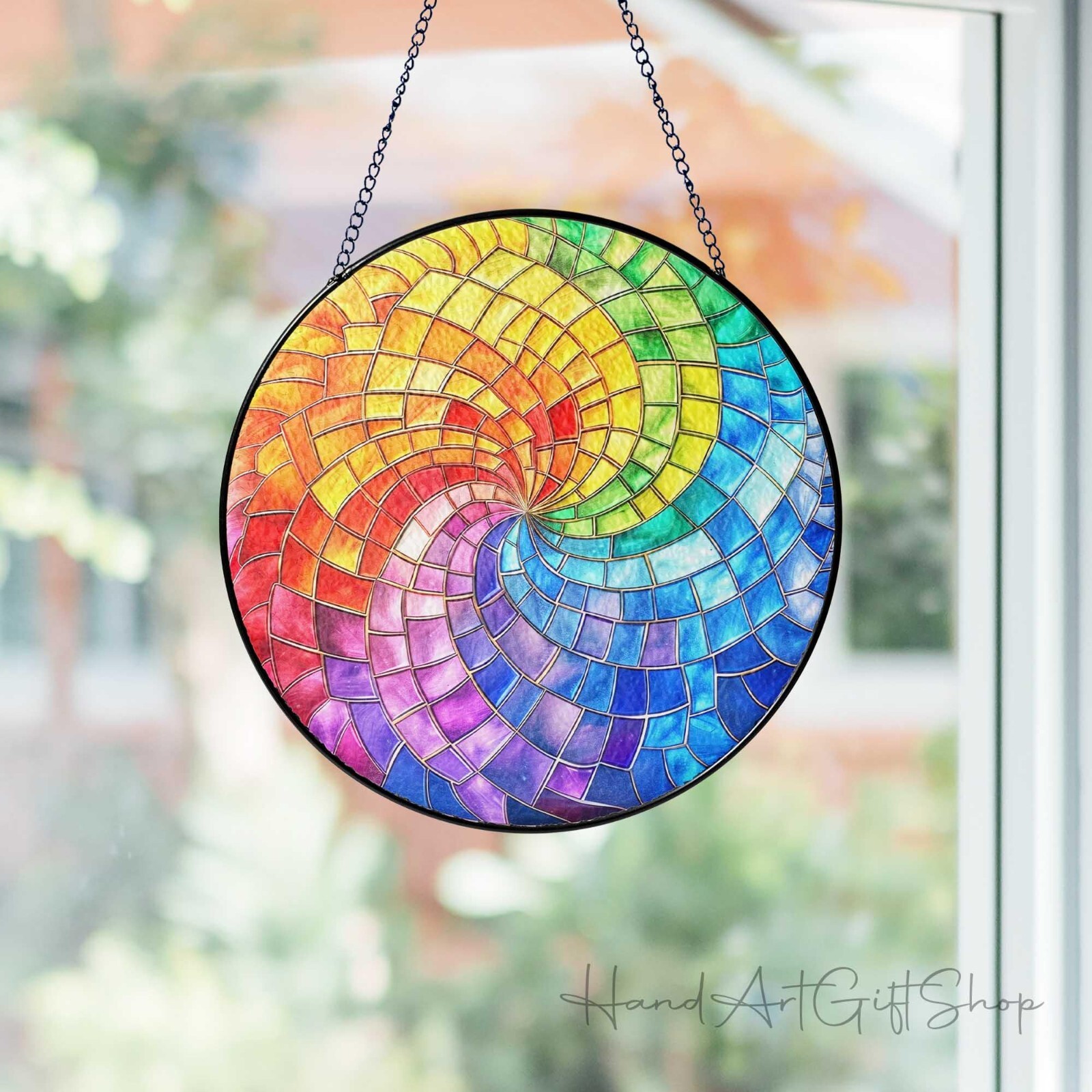 Rainbow Spiral Stained Glass Suncatcher, Spiral Window Hanging Decor