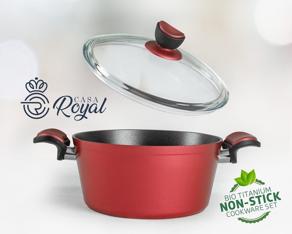 Cookware Set. Elite Bio Titanium Coating. Non-stick. Red color.