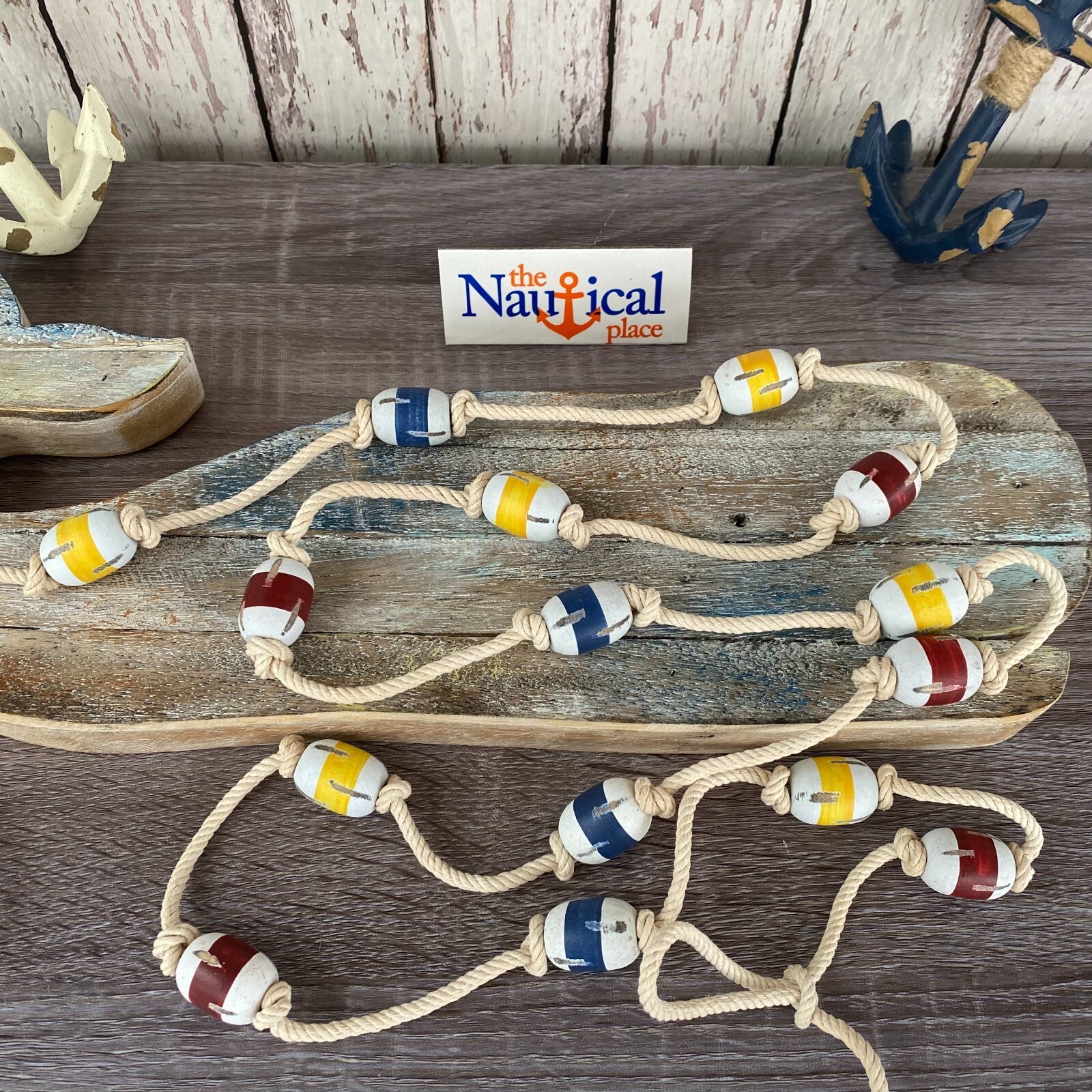 6 ft Wood Fishing Floats On String, Fish Net Buoy Garland, Wooden Nautical Decor