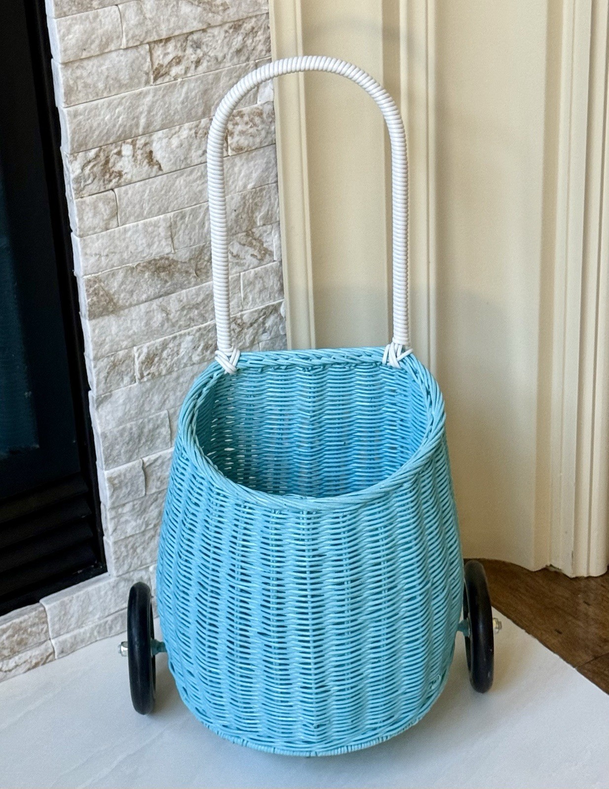 Antropologie Olli Ella Blue Rattan Luggy Cart Trolly Children Kids Wheel Basket