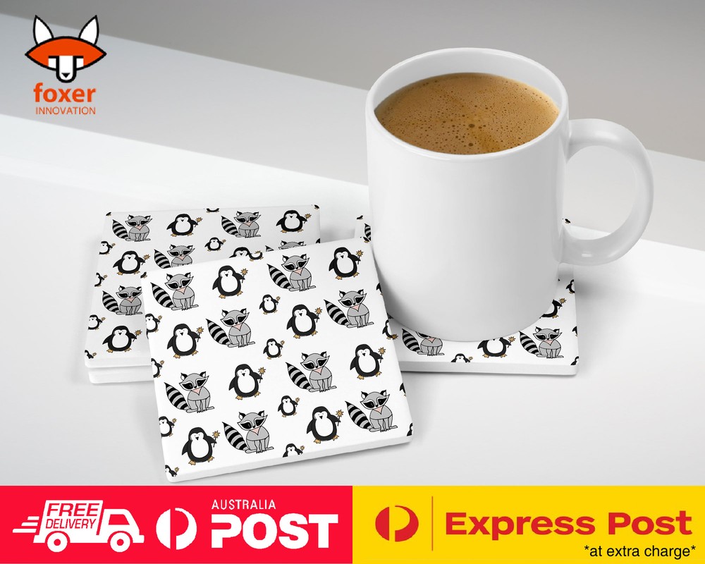 COASTER COFFEE DRINKING MAT|CUTE RACOON AND PENGUIN PATTERN