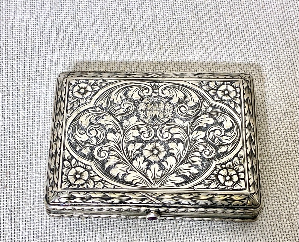 Antique 800 Silver Engraved Cigarette Case Snuff Trinket Box Ruby Clasp 86g