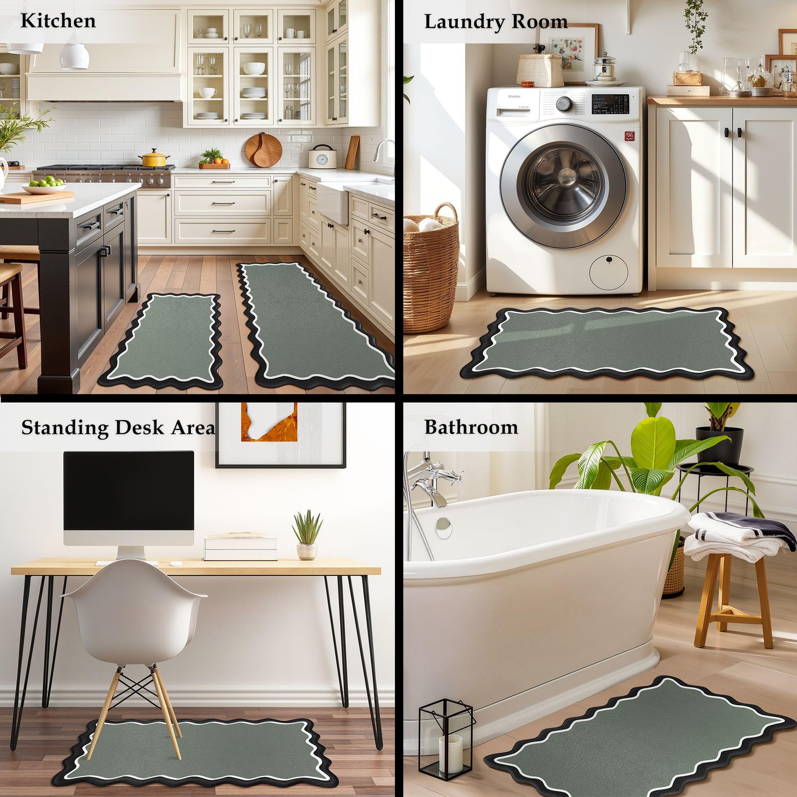 Arenarug Scalloped Black Gray 17.3"x30"+17.3"x47", Bi-tone-