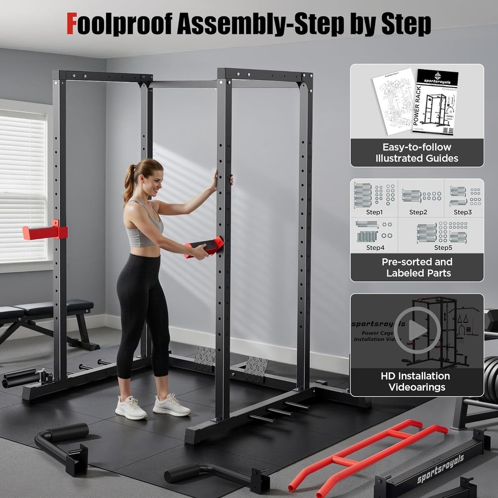 Squat Rack, LAT Power Cage, Power Rack Multi-Function with Pulley System and Tra