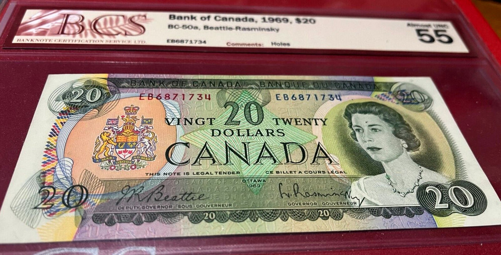 BCS Certification *ALMOST UNC* MISCUT/MIS-ALIGNED $20 1969 BC-50aa