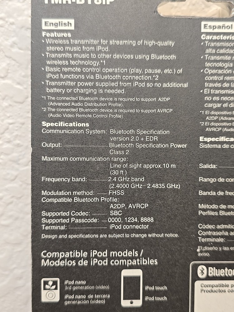 Sony Bluetooth Wireless Transmitter for iPod Black (TMR-BT8iP) Nano Classic Mini