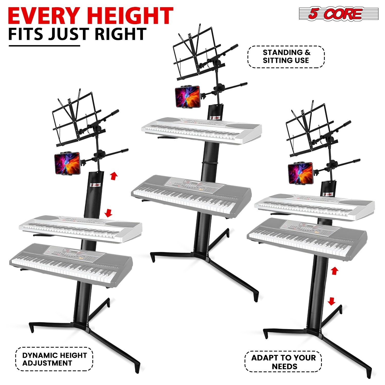 5 Core Keyboard Stand 2 Tier Column for 61/76/88 Key Boards Aluminum Build