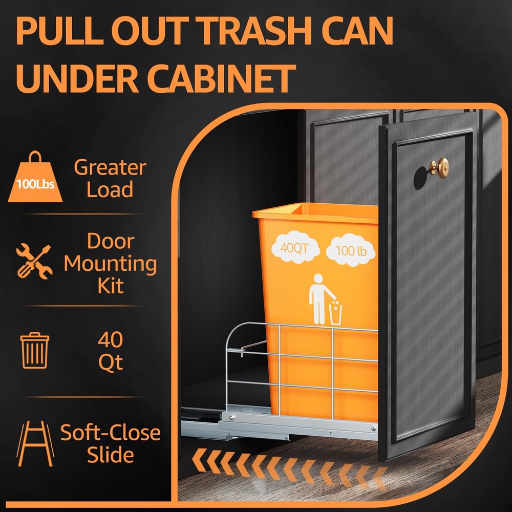 Pull Out Trash Can Under Cabinet with Soft-Close A-Single, Sliver