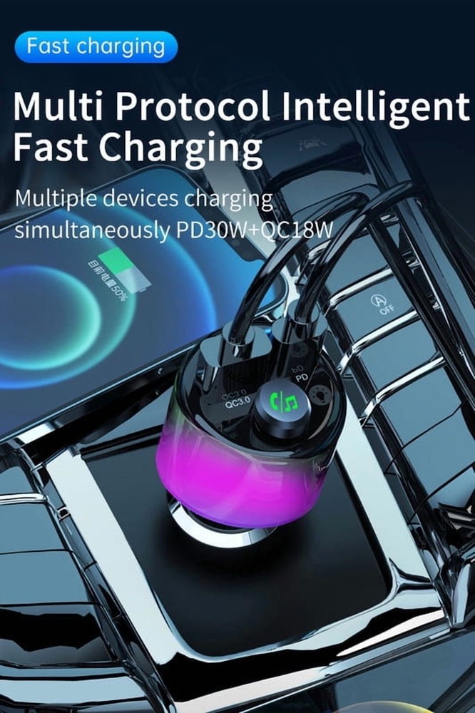 Bluetooth Car Kit: 5.3 FM Transmitter, 5 Color LED – PD 30W & QC 18W Charger