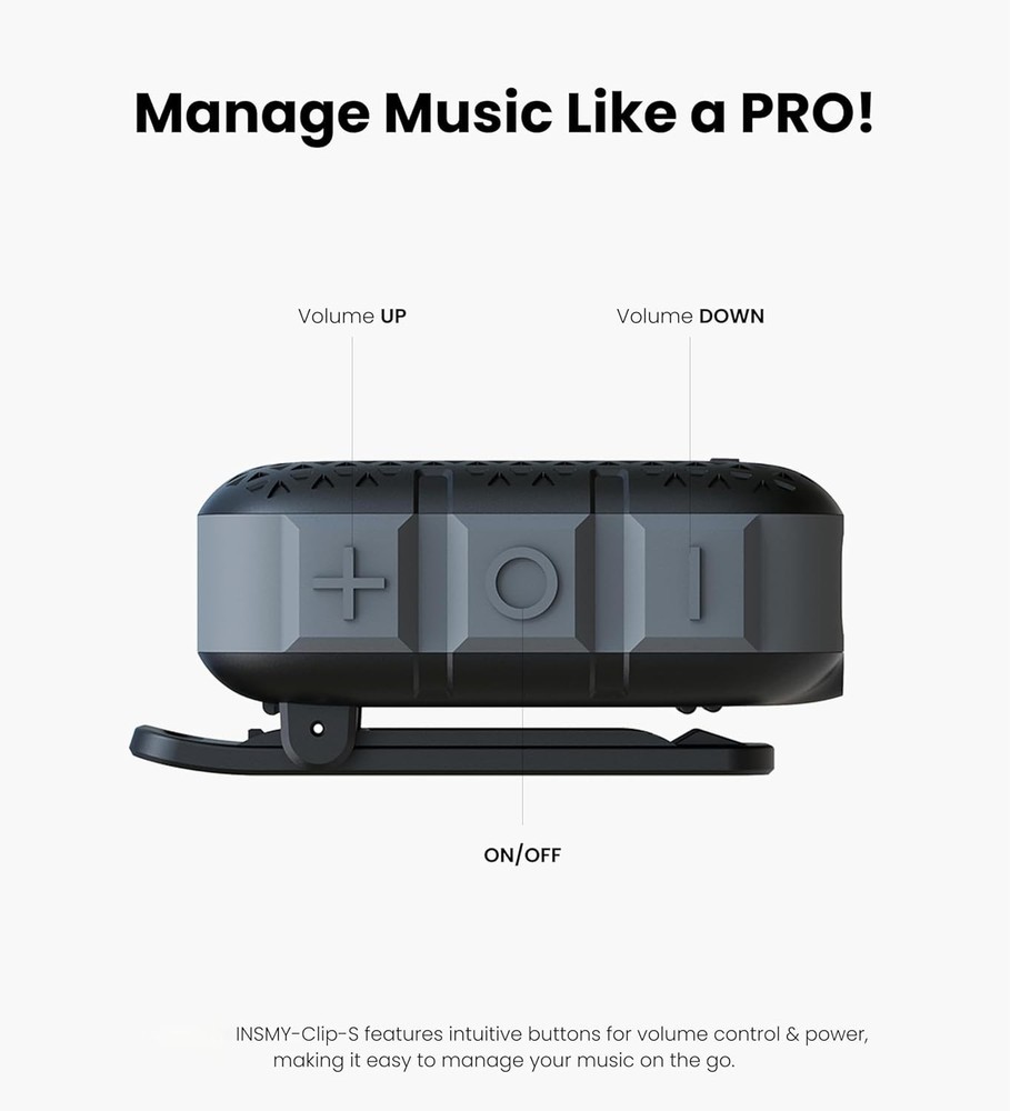 Waterproof Bluetooth Clip-On Speaker Wireless Stereo Mic Light Compact Black