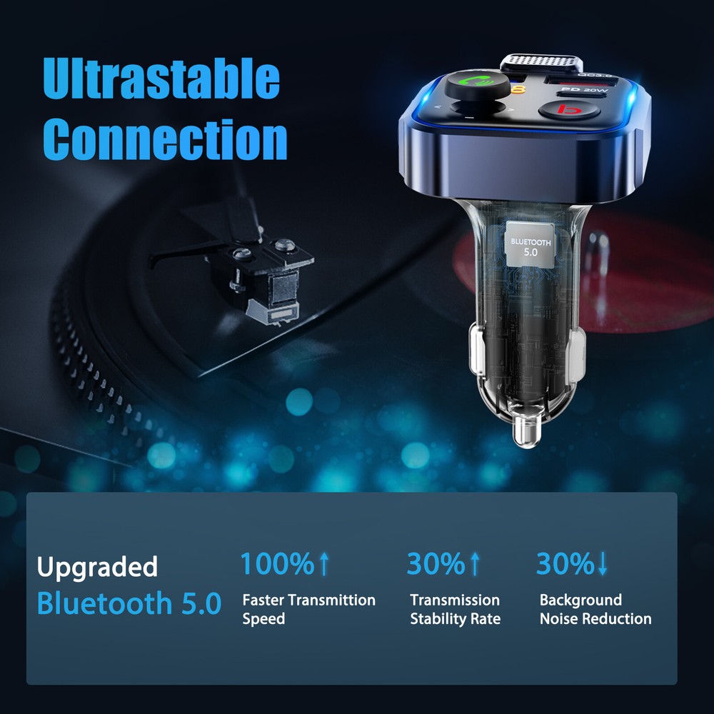 LENCENT Bluetooth 5.0 Car Wireless FM Transmitter Adapter 2 USB PD Charger