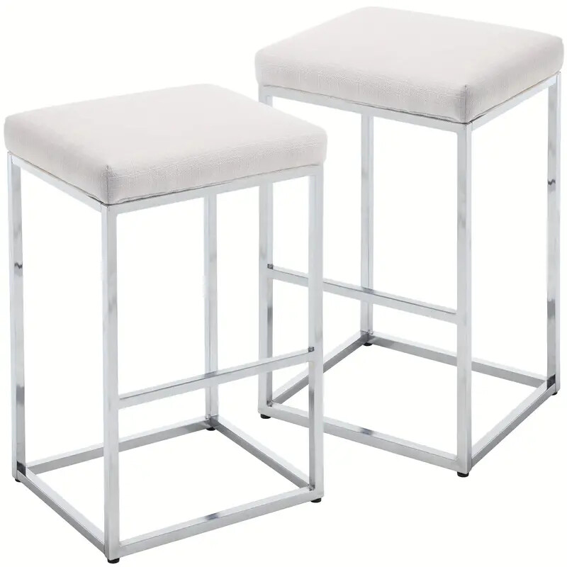 White Linen Counter Height Bar Stools, Backless Upholstered for Kitchen/Bar Pub