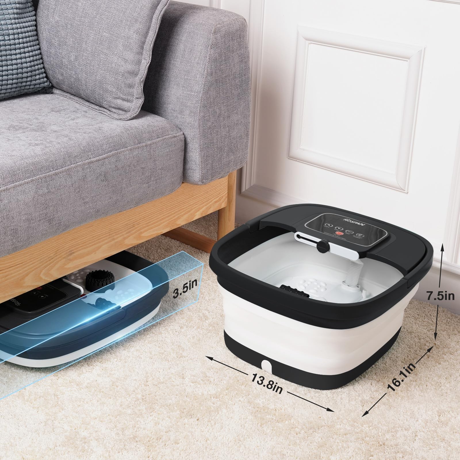 Collapsible Foot Spa with Heat Bubble Red Light & Shiatsu Rollers Black