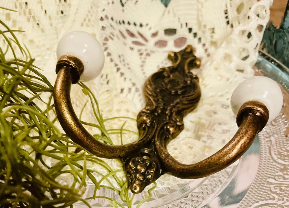 Old Bath Robe Coat Hook Hall Mirror Fancy Decorated Solid Brass Porcelain Knobs