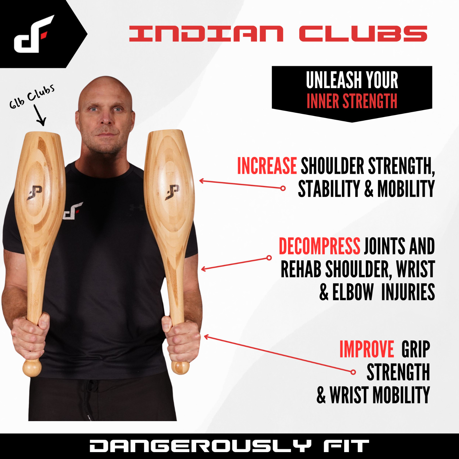Indian Clubs - Pair of Traditional Wooden Clubbells - Shoulder & Grip Strength