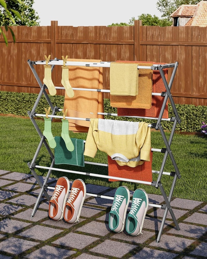 Stylish White/Grey Laundry Drying Rack: Foldable & Expandable for Versatile Use