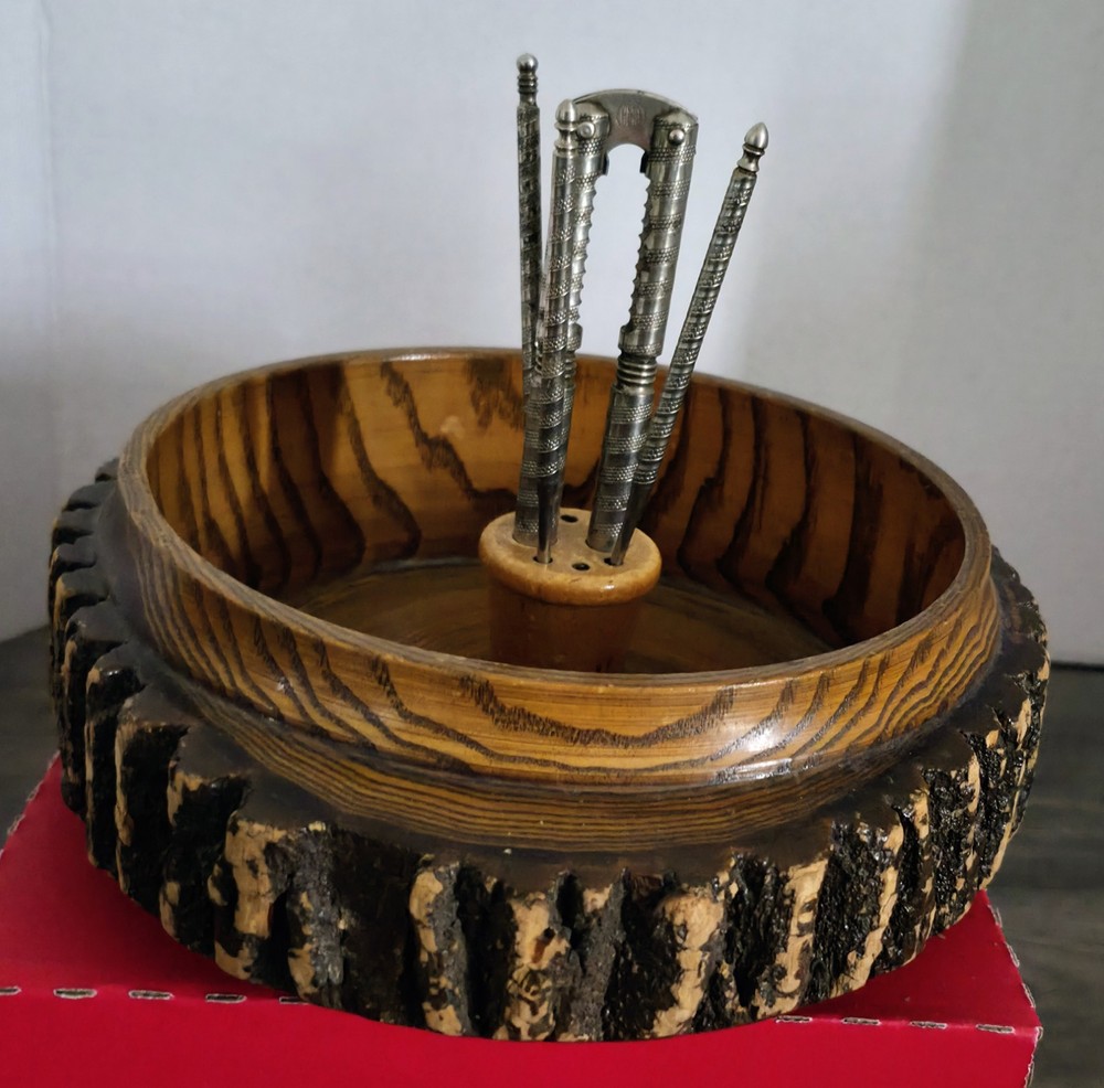 Wood Tree Bark Wooden Nutcracker Bowl Set With Nutcracker & 3 Picks