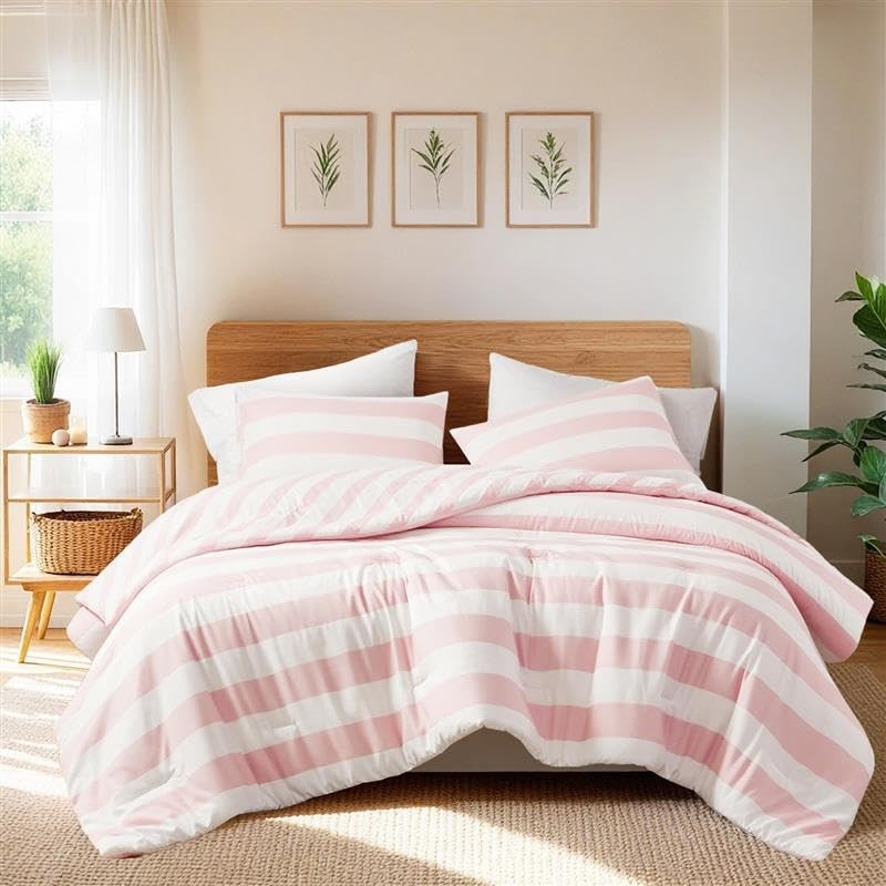 Reversible Striped Comforter Set, Soft Microfiber Bedding Set with King Blush