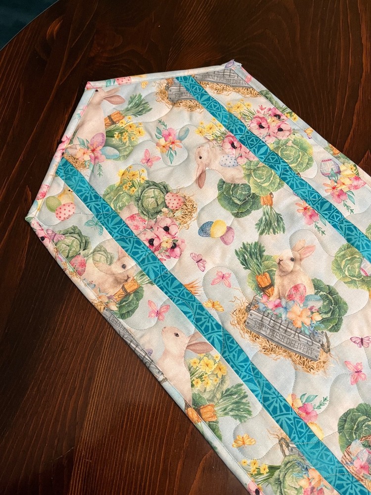 Handcrafted-Quilted Table Runner -Happy Easter -  Easter Eggs, Bunnies - Gardens