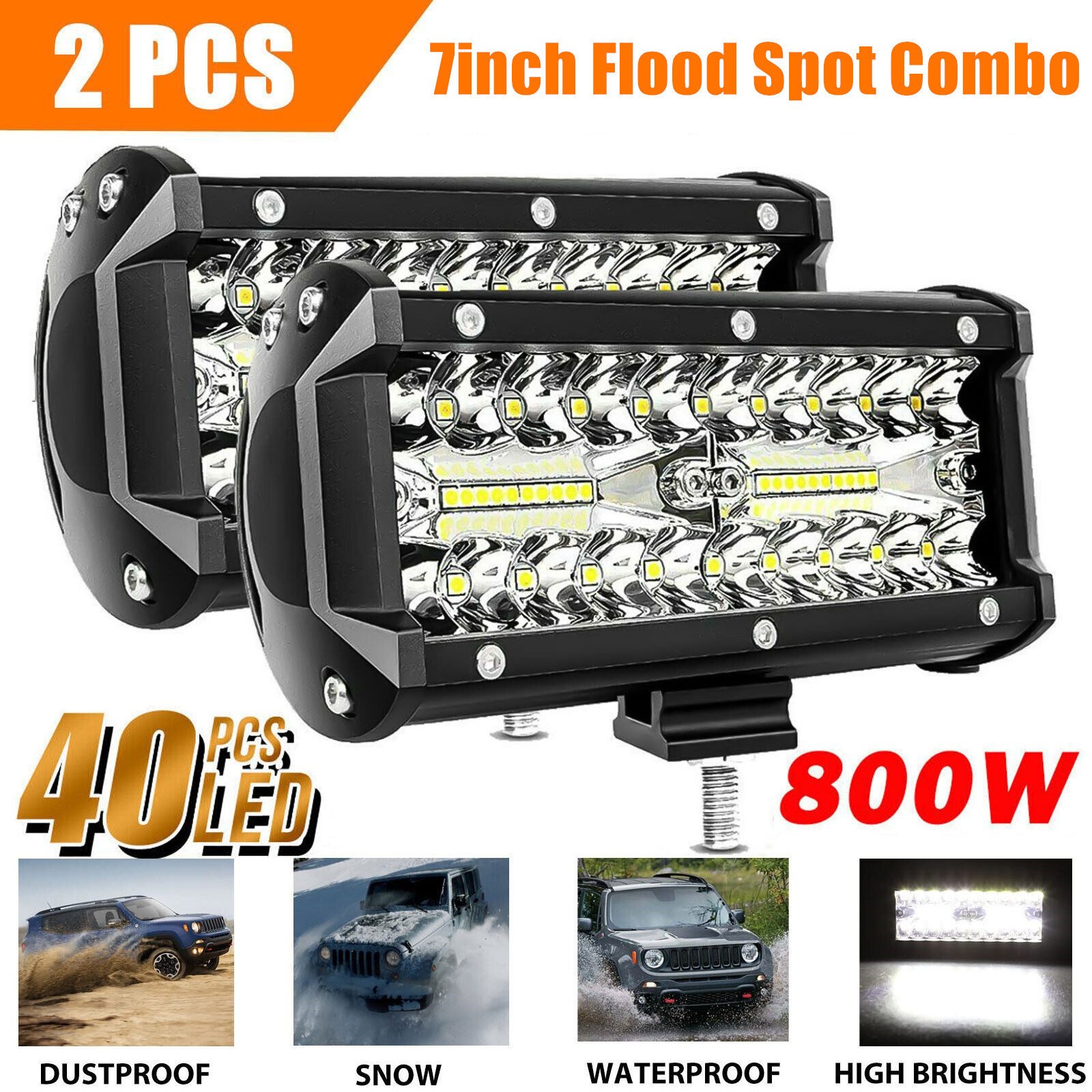 2x 7inch 30000LM LED Work Light Bar Flood Spot Pod Offroad Fog Driving ATV Truck