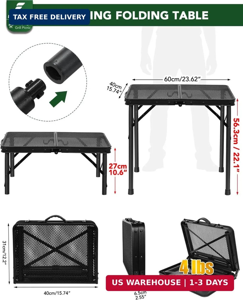 2Ft Small Folding Table with Carry Handle, Camping Table Adjustable Height 10.6-