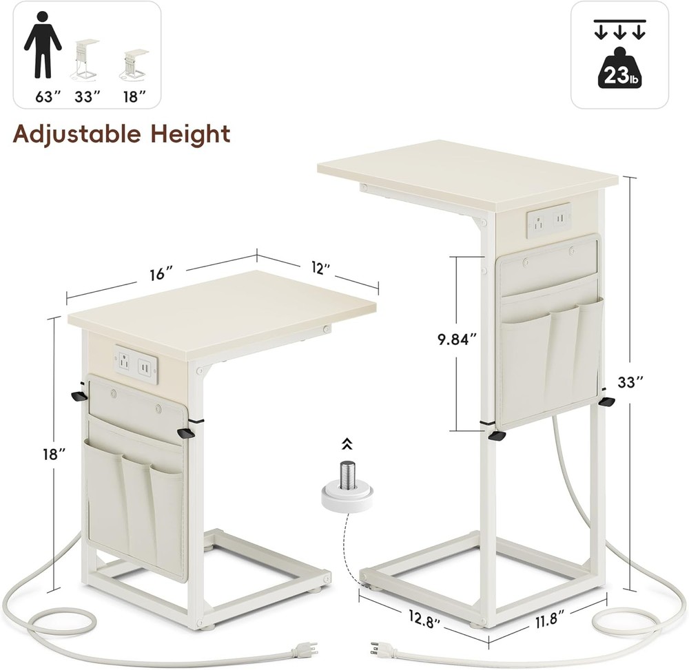 C Shaped End Table W/ Charging Station Adjustable Height Side Table Couch Small