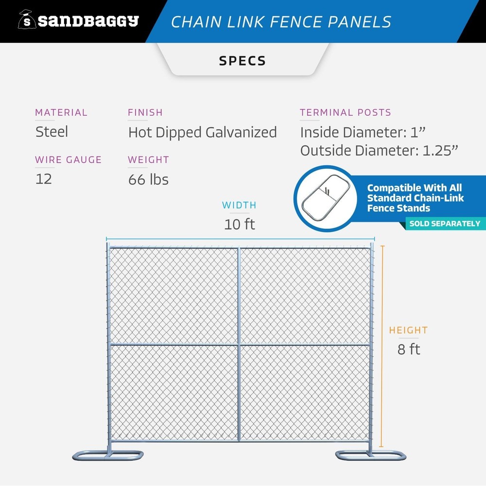 8 ft Temporary Chain Link Fence Panel (Galvanized) - 10 QTY