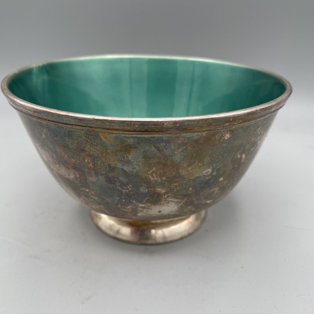 Towle Silversmiths Teal Green Enamel Footed Bowl Silverplated 5002 Vintage 6"