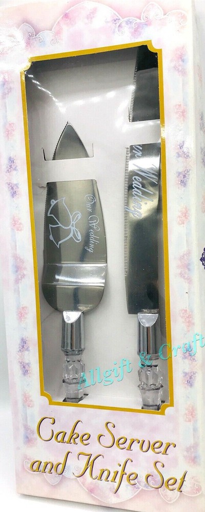 OUR WEDDING CAKE KNIFE AND SERVER SET EMBOSSED WITH BELL DESIGN - SILVER