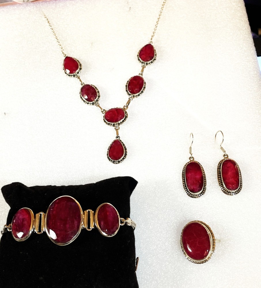 New Sterling Silver Ruby Parure-Necklace, bracelet, ring and earrings