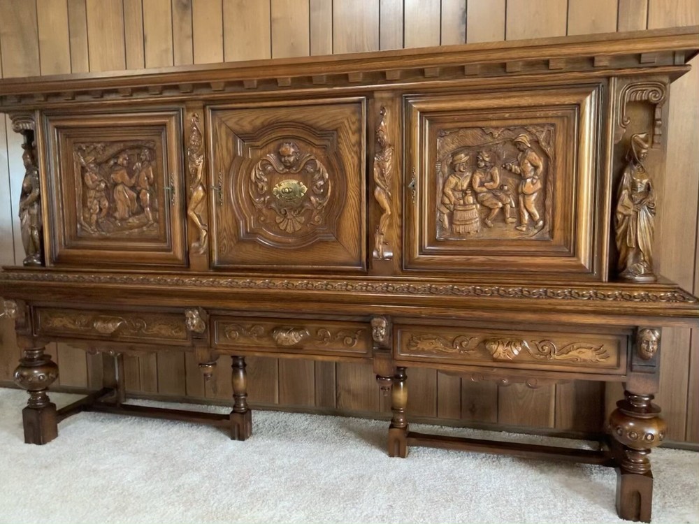 Antique Solid Oak French Gothic sideboard cabinet