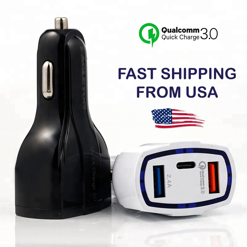 QC 3.0 Car Super Fast Charger 2x USB 1x USB-C Power Adapter Cigar Lighter Socket